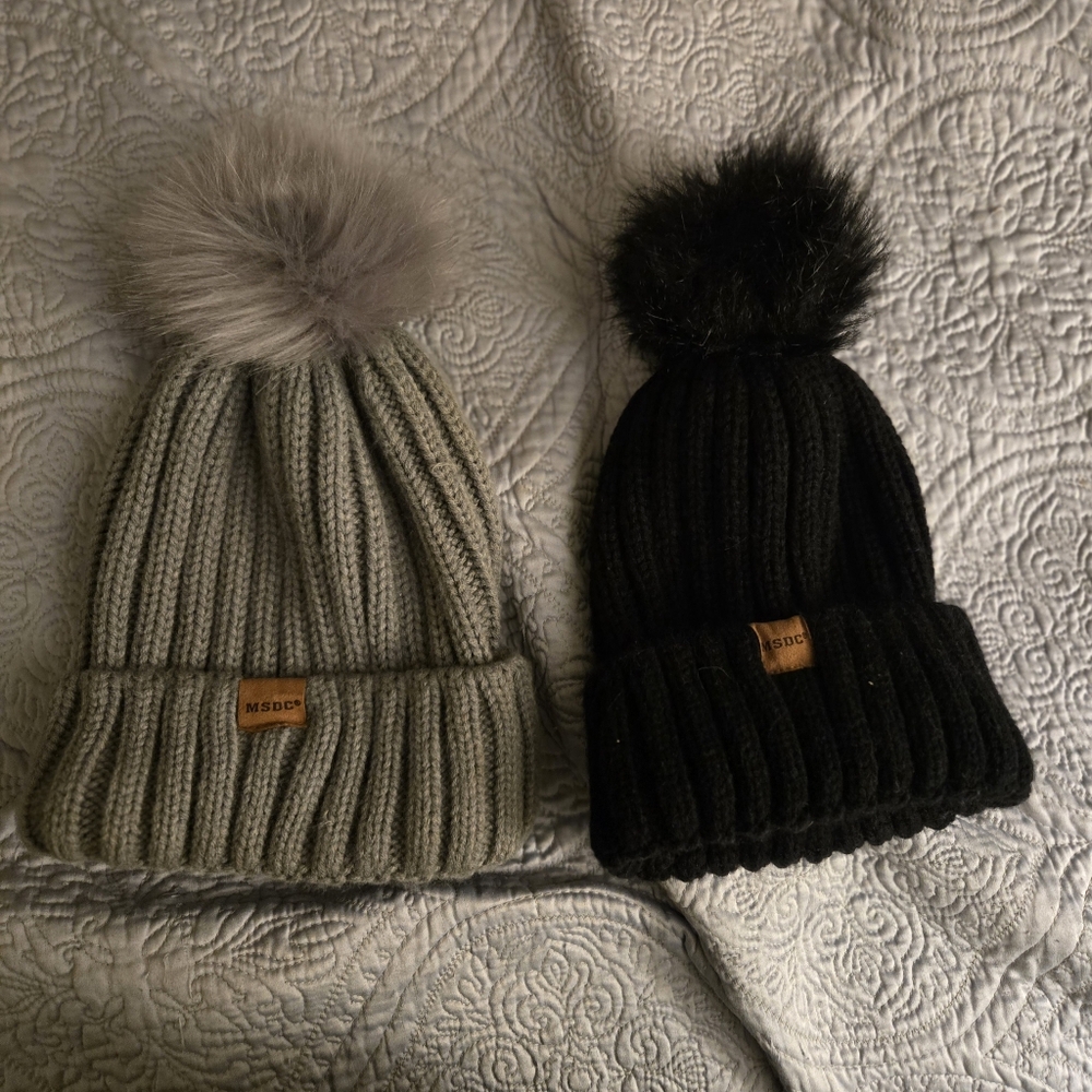 Cozy Gray & Black Knit Pom-Pom Beanies - 2 Hats